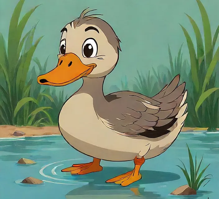 a cartoon duck standing in a pond of water