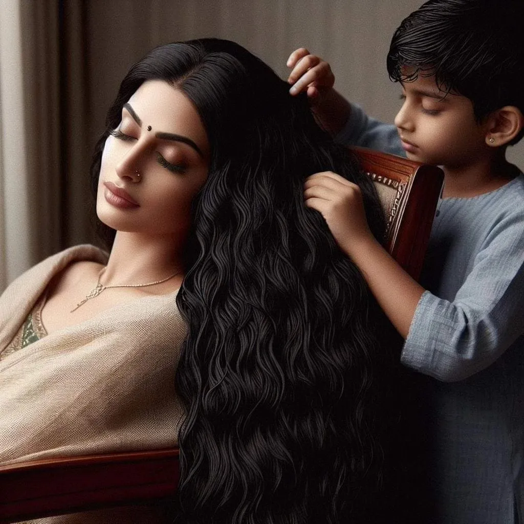 Kareena Kapoor with (((extreme long silky hair))) next to a little boy