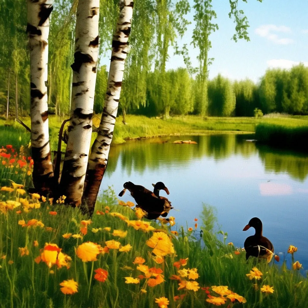 a painting of two ducks swimming in a pond