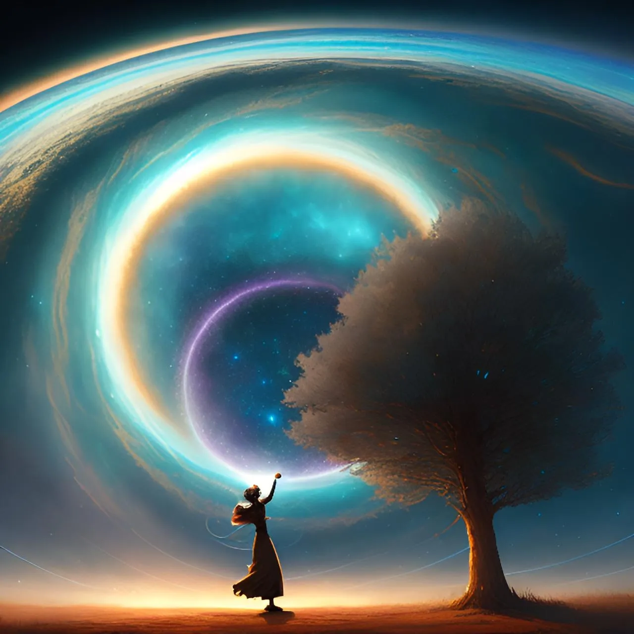 a woman standing in front of a tree with a rainbow swirl in the background