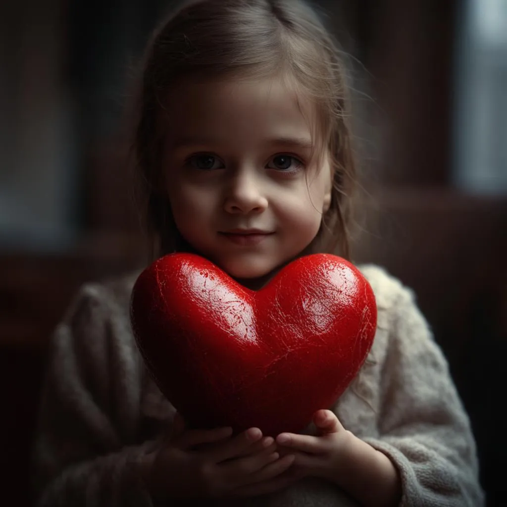 a little girl holding a red heart in her hands