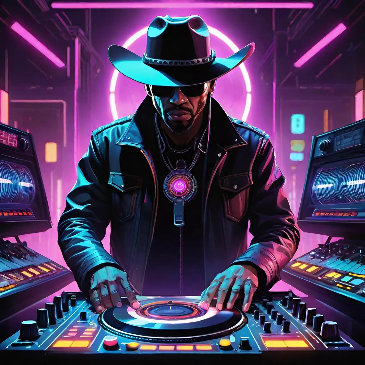 a man in a cowboy hat playing a dj set