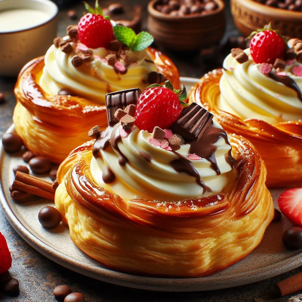 three desserts on a plate with strawberries and chocolate