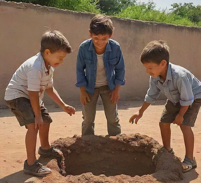 three young boys are playing in the dirt