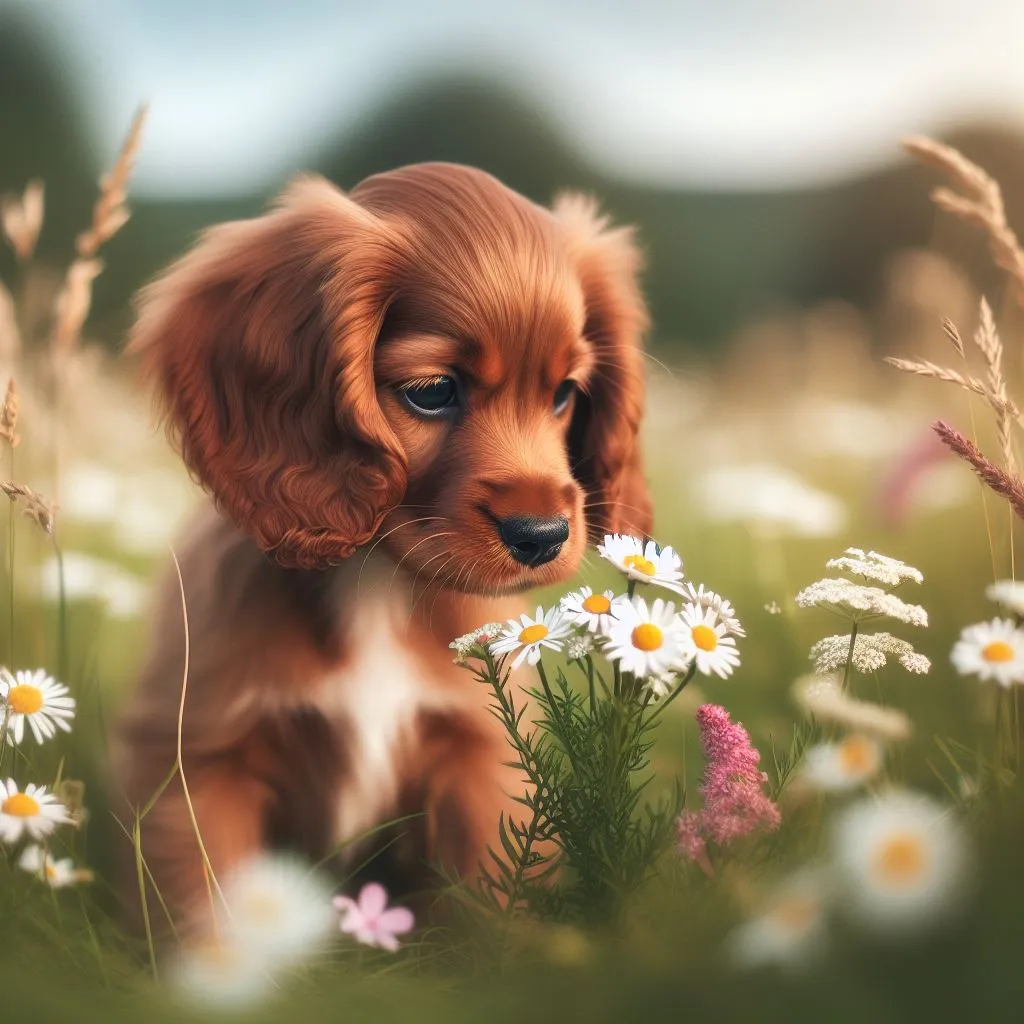 a puppy is sitting in a field of daisies