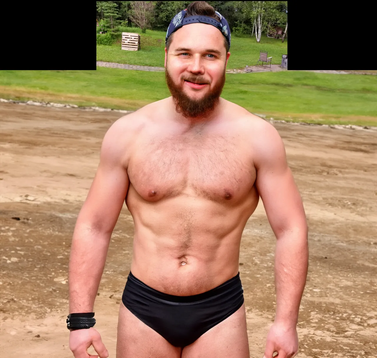 a man with a beard and no shirt in a bathing suit