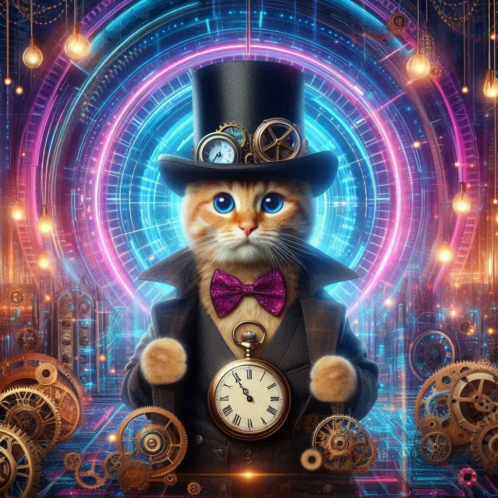 a cat with a top hat and a clock