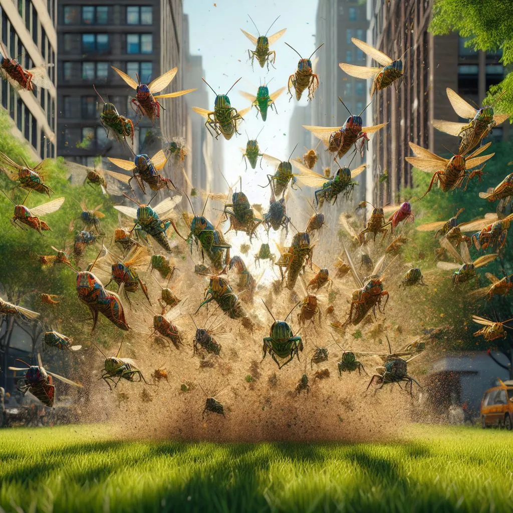 a bunch of Grasshopper  flying through the air