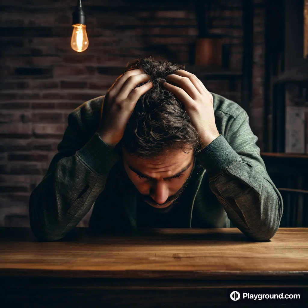 a man sitting at a table with his head in his hands