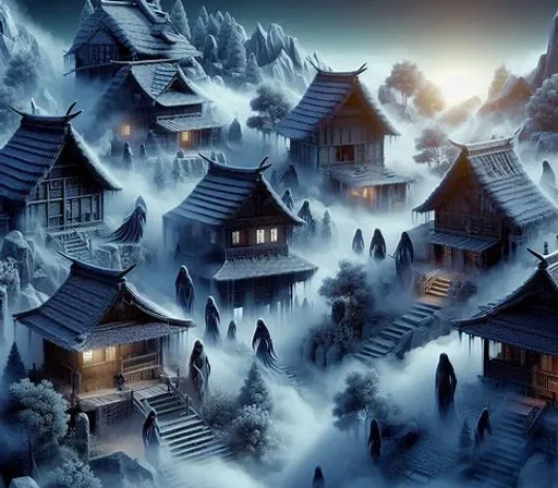 a painting of a village in the snow