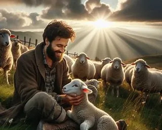 a man sitting in a field with a bunch of sheep