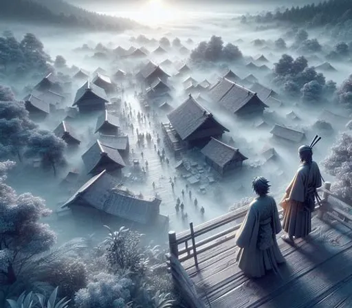 a man and a woman standing on a bridge looking at a village