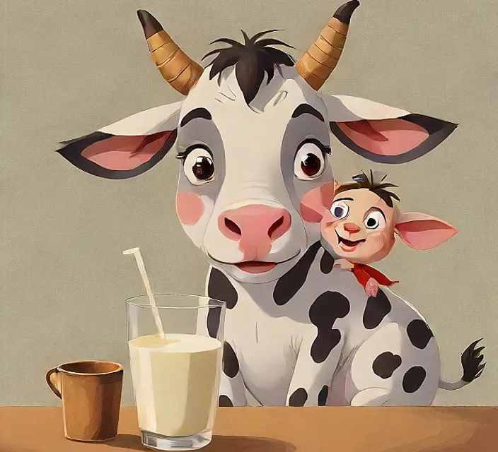 a painting of a cow and a baby in front of a glass of milk