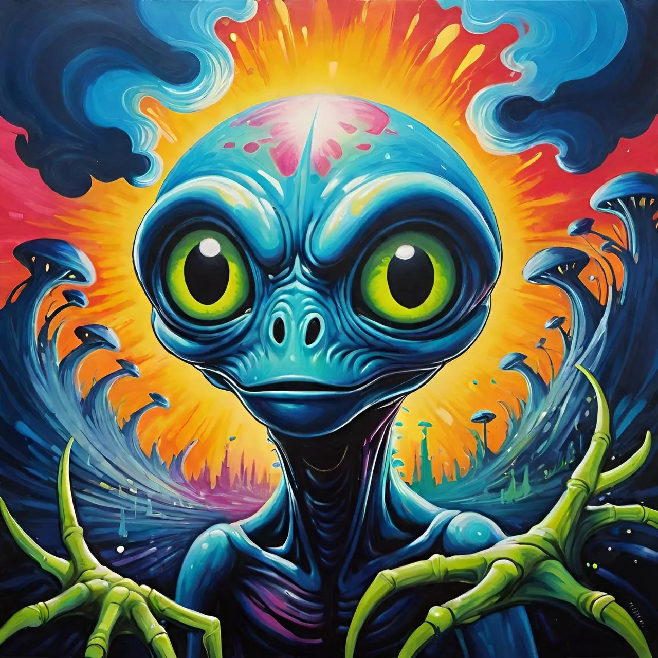 a painting of an alien with green eyes