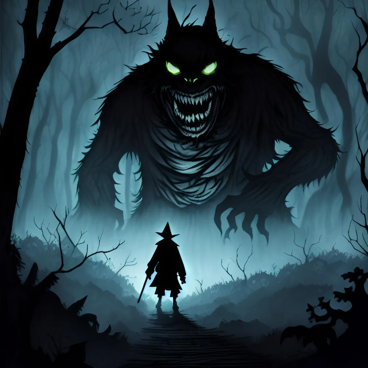 a person standing in front of a demon in a forest