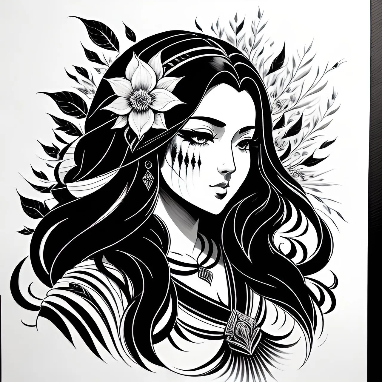 a black and white drawing of a woman with a flower in her hair