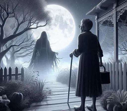 a painting of a woman with a cane looking at a full moon