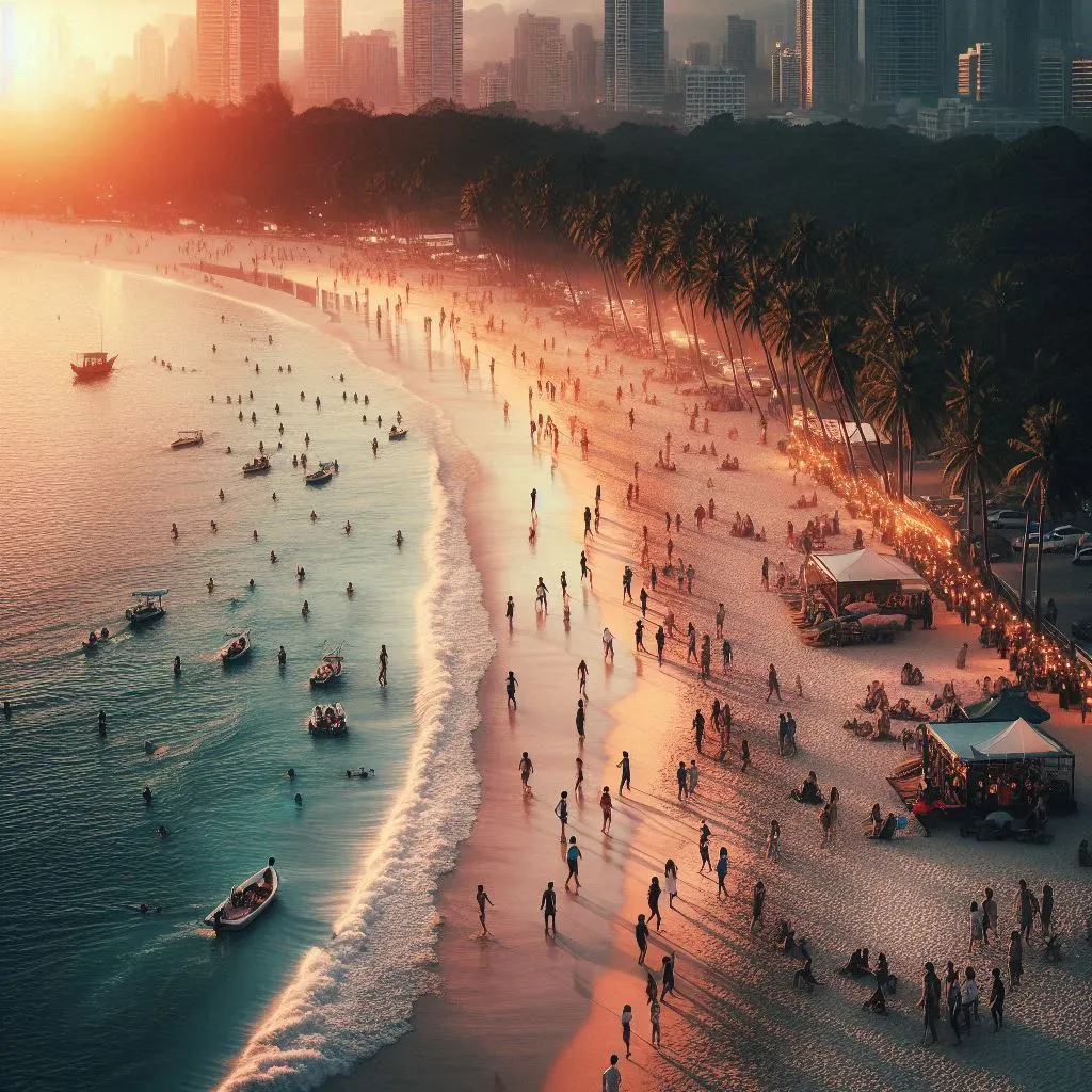 A time-lapse shot of the beach from dawn to dusk, showing people arriving, enjoying the day, and then a party starting as the sun sets.