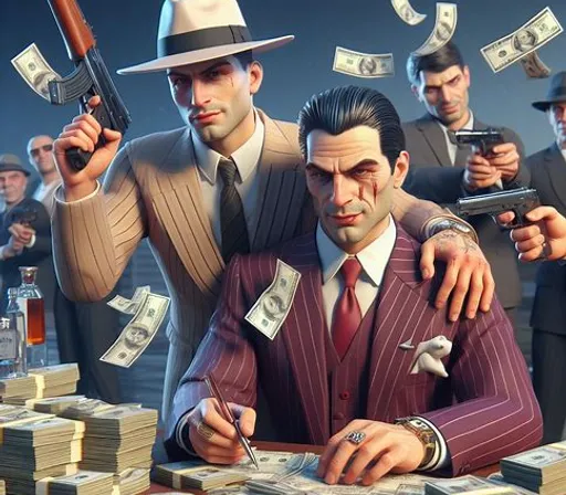 a group of men in suits and ties holding guns and money