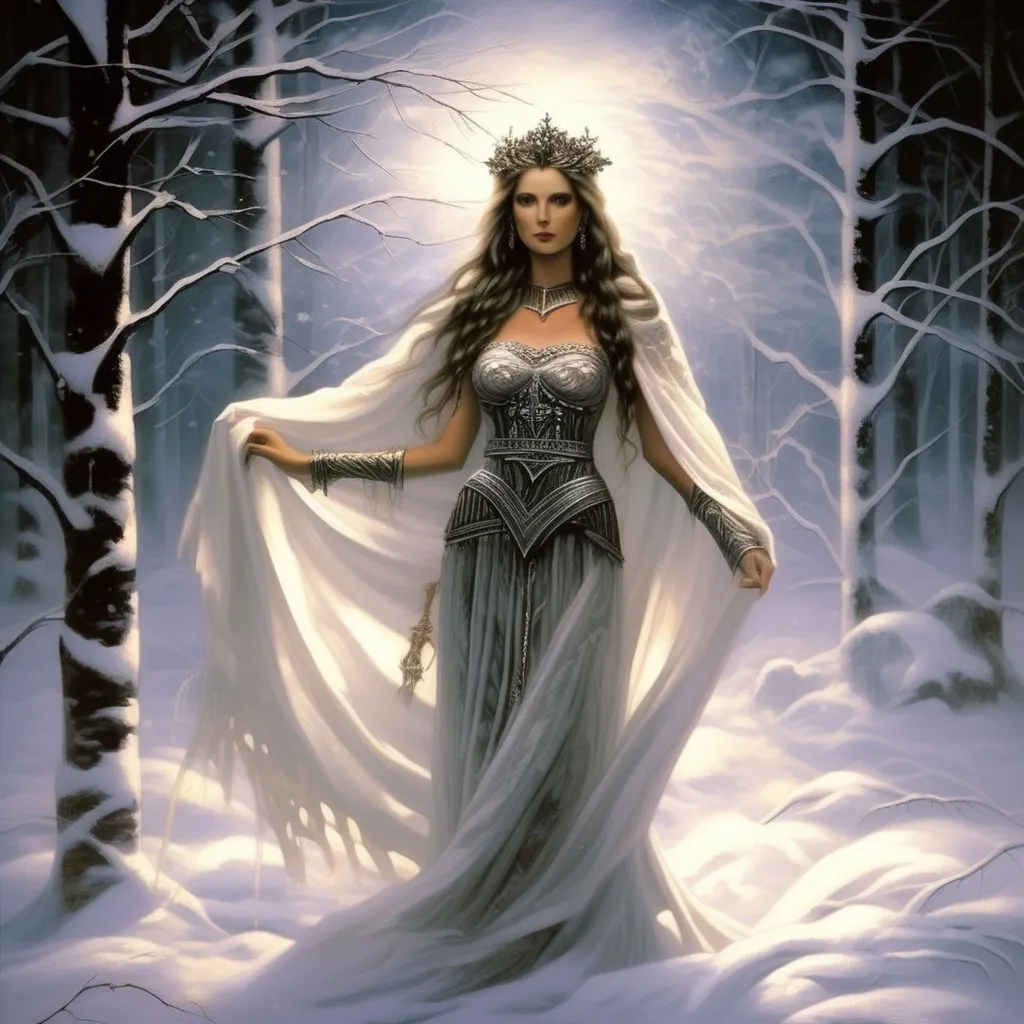 a painting of a woman in a snowy forest