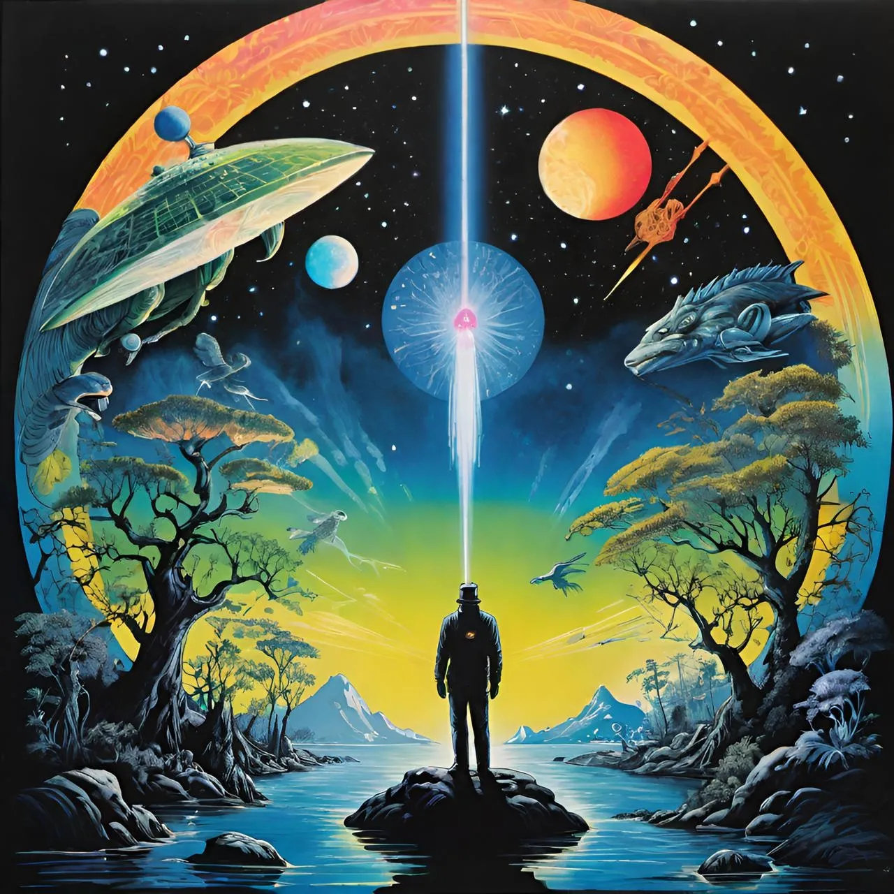 a painting of a man standing in front of a space scene