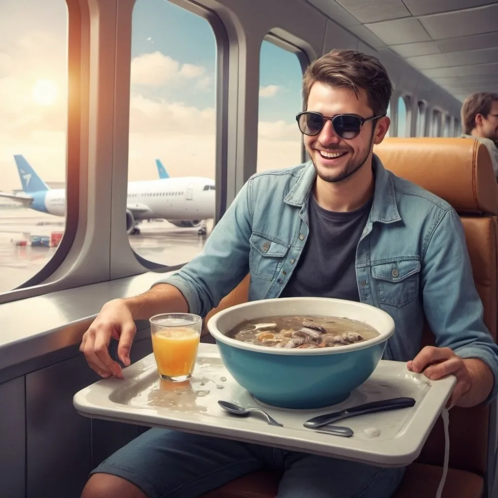 a man sitting at a table with a bowl of food (slop)