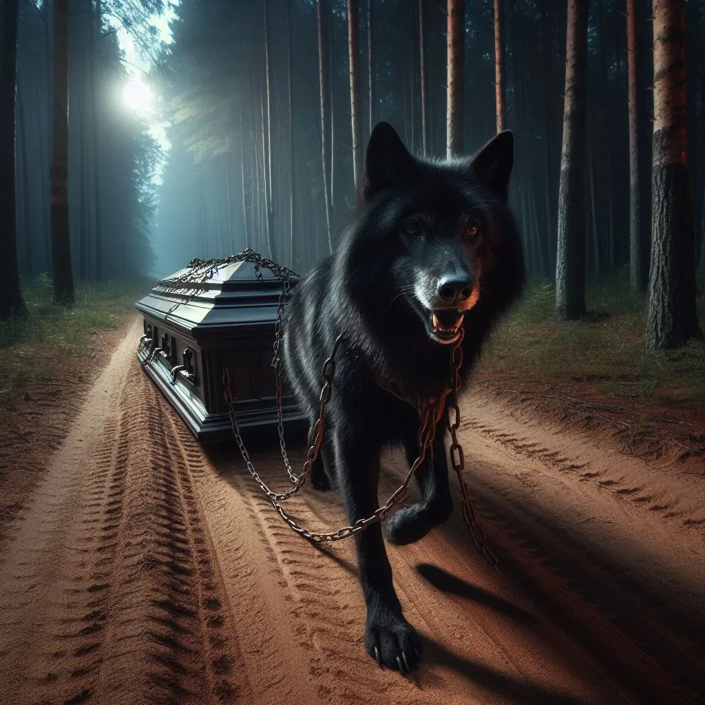 a wolf pulling a coffin with chains along a dirt road, night