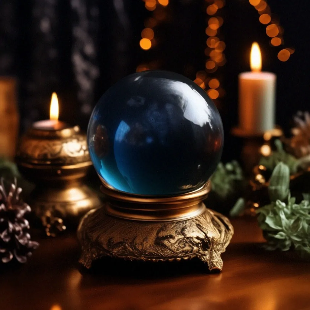 a glass ball sitting on top of a wooden table