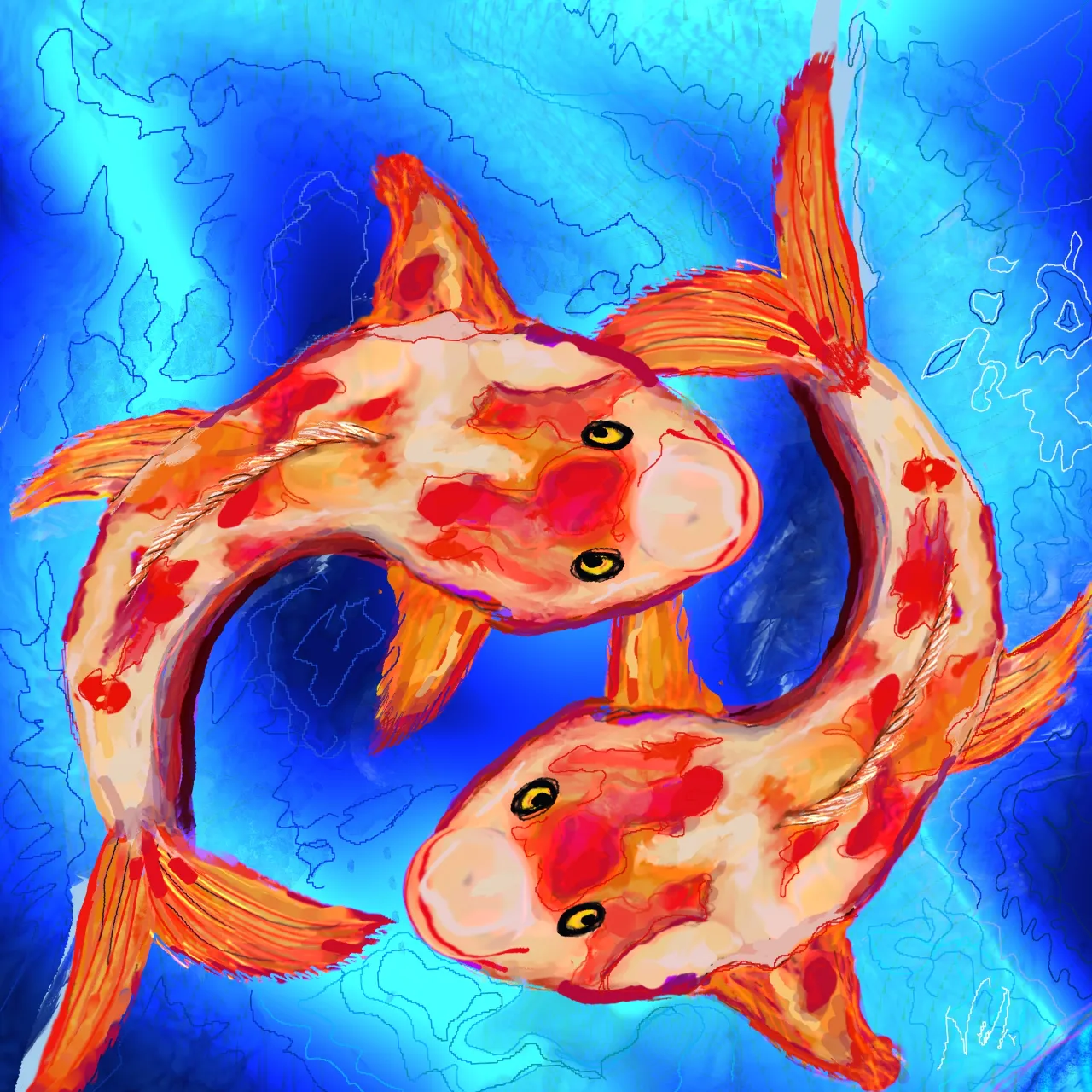 a painting of two goldfish swimming in a pond