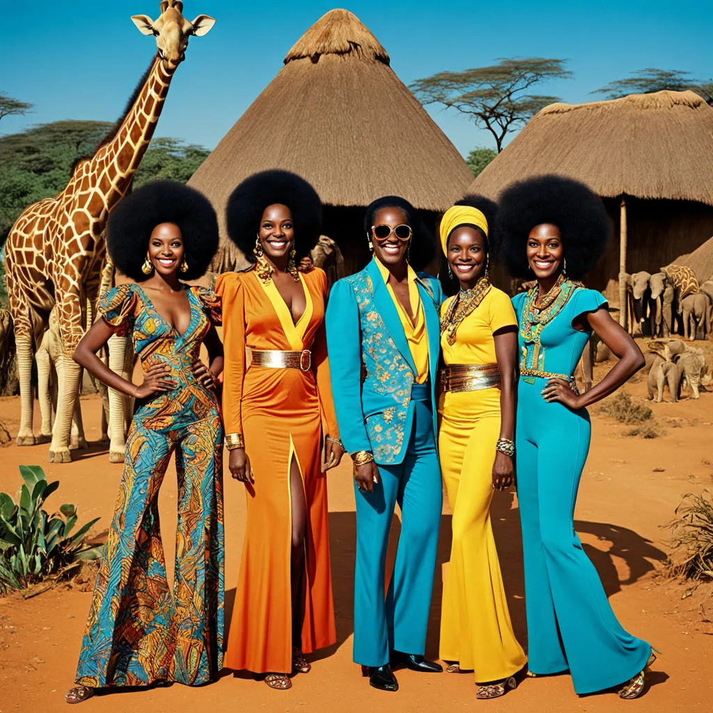 a group of women standing next to each other in front of a giraffe