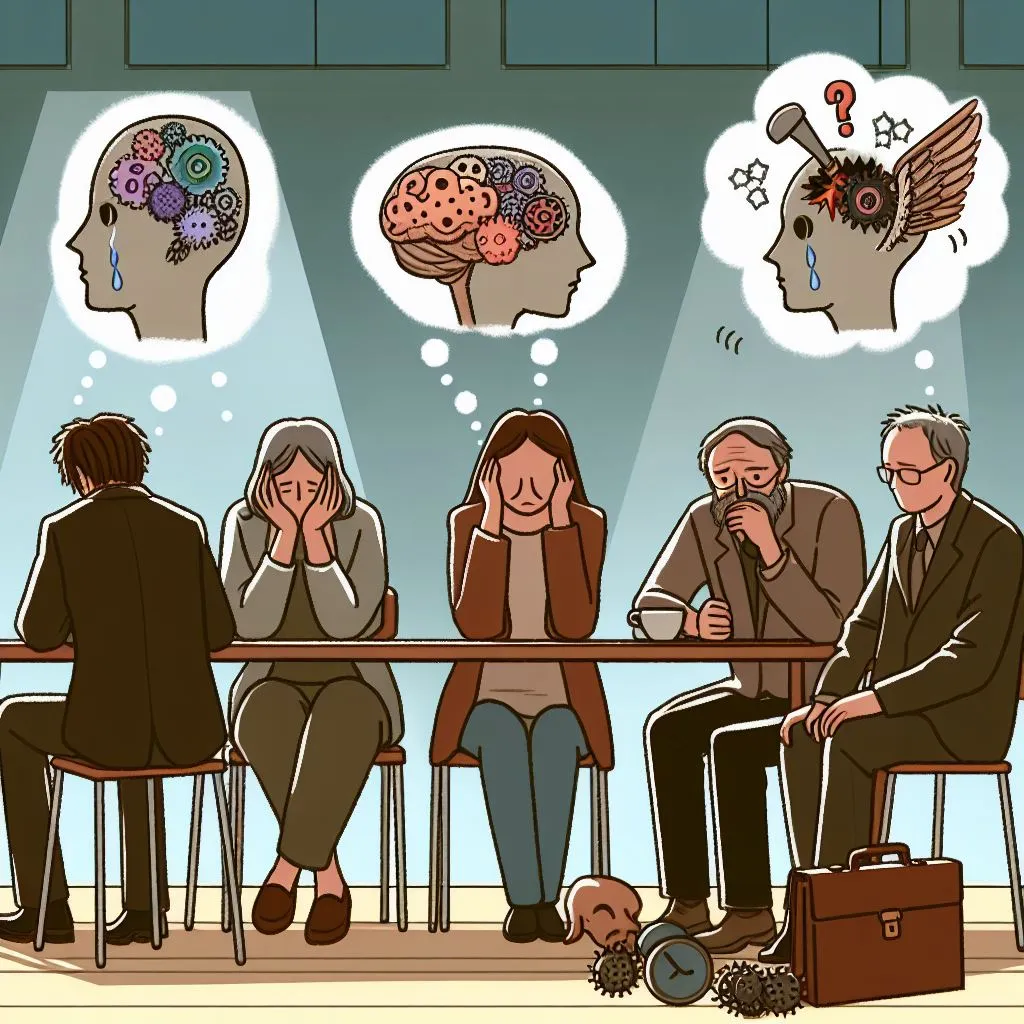 a group of people sitting at a table with a thought bubble above them