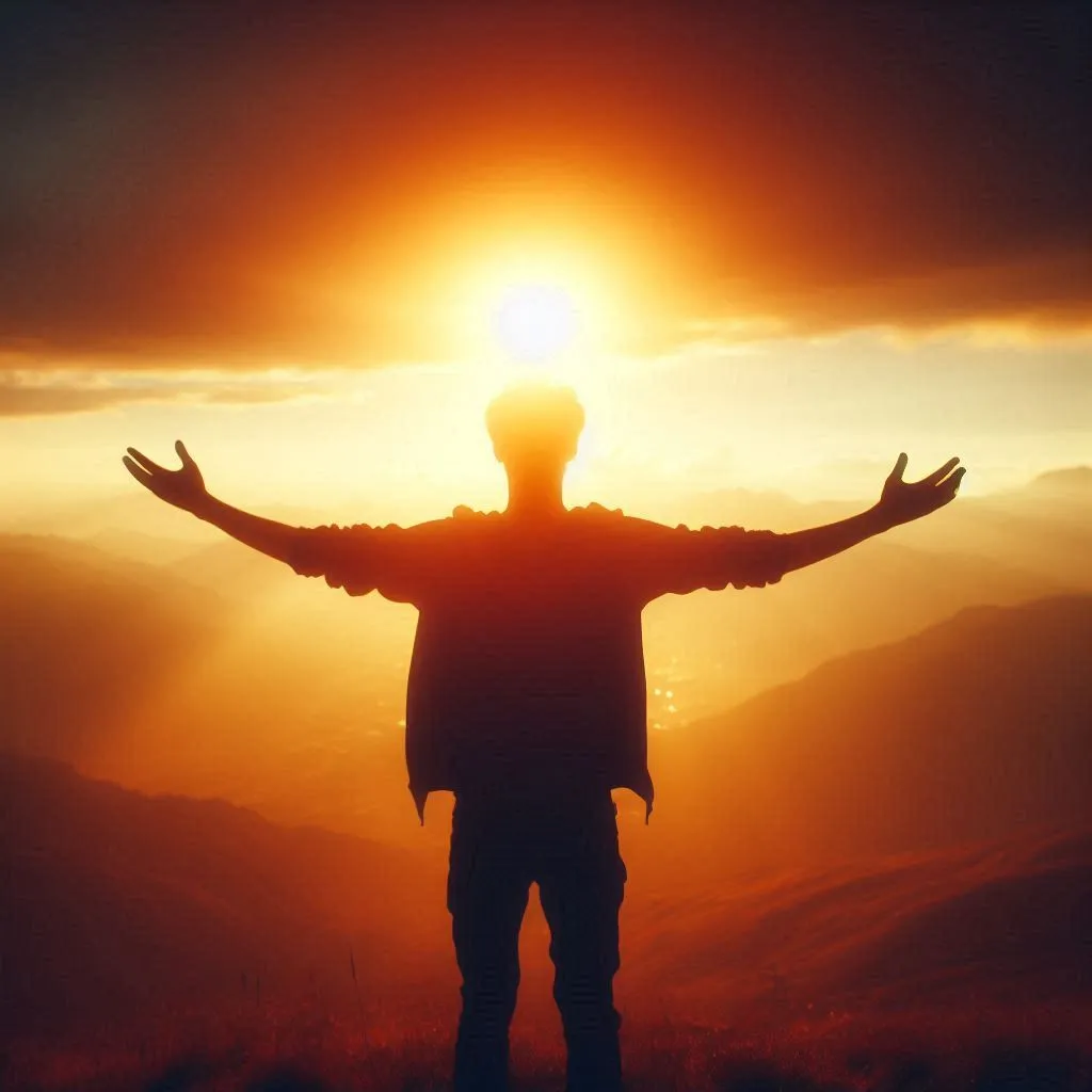 a man standing on top of a hill with his arms outstretched