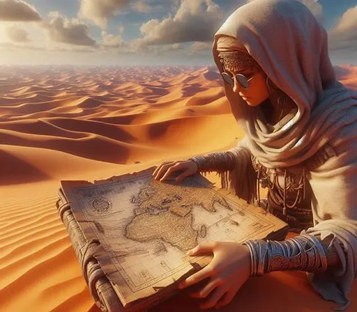 a woman sitting in the desert looking at a map