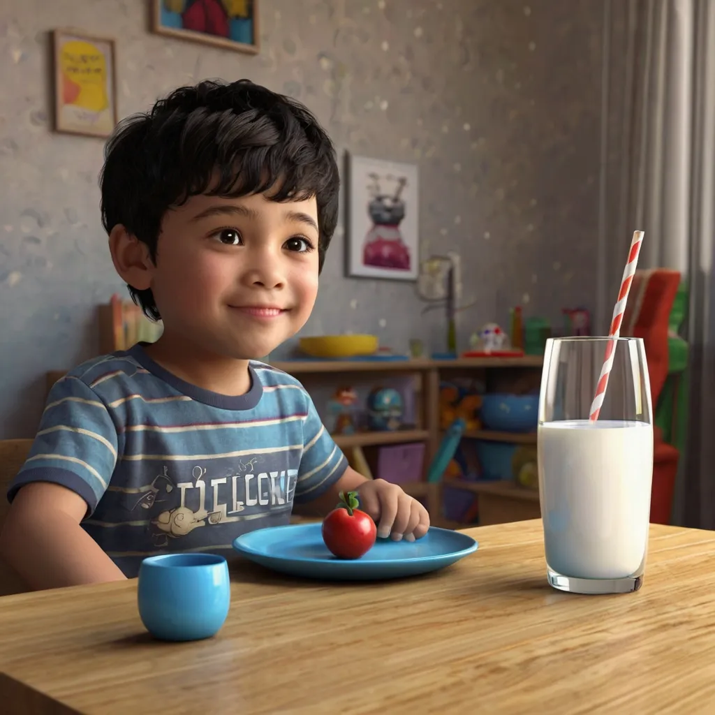 a little boy sitting at a table with a plate of food and a glass of