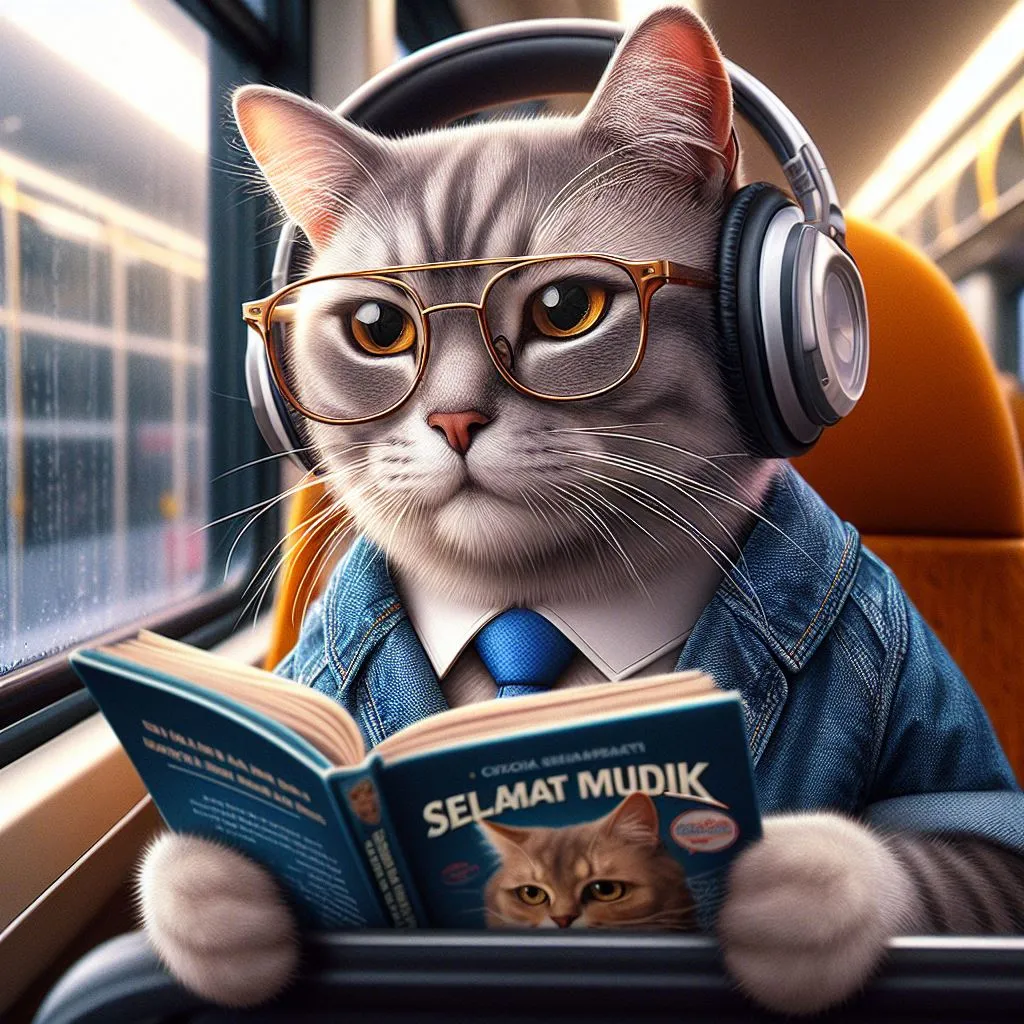 a cat wearing headphones while reading a book