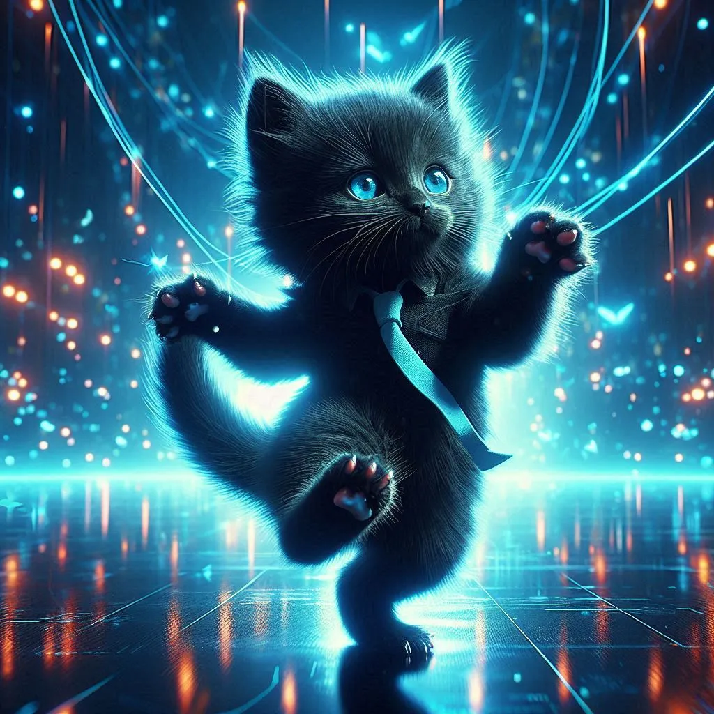 a black cat with blue eyes dancing on a dance floor