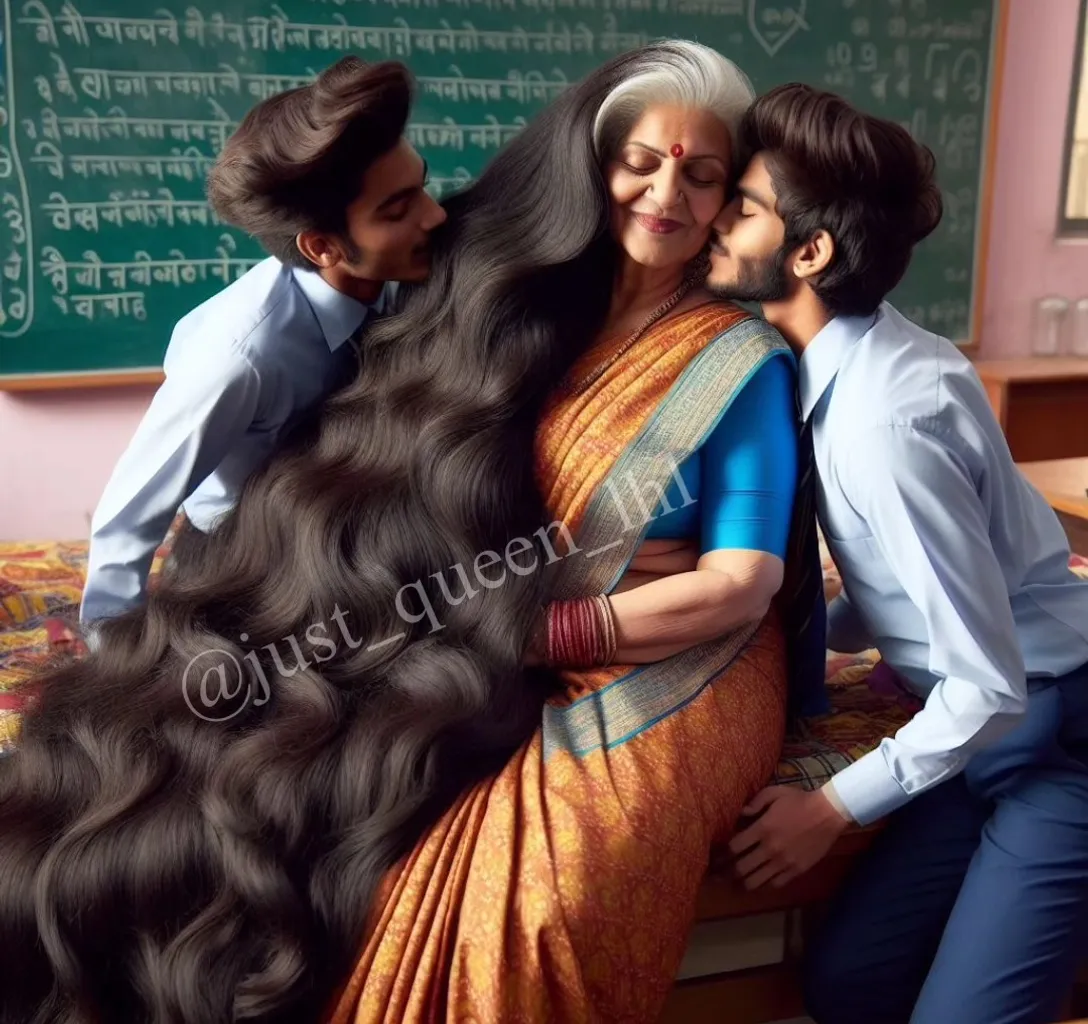 Kareena Kapoor with (((extreme long hair))) next to the boy students