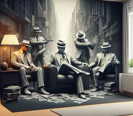 a living room with a large mural of men in suits and hats