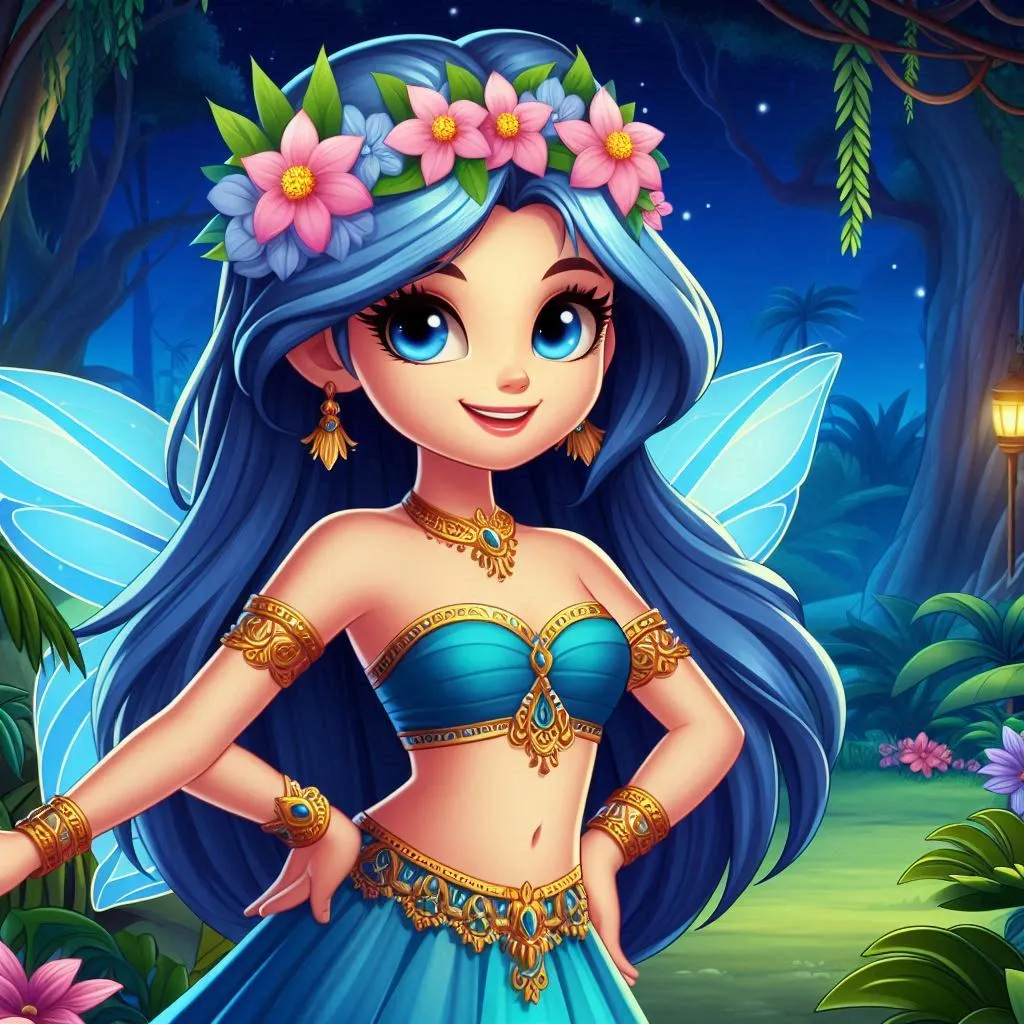  a beautiful fairy with blue hair wearing blue lehehenga smiling ,flower  on the head in the jungle at night  D animation cartoon zoom out 