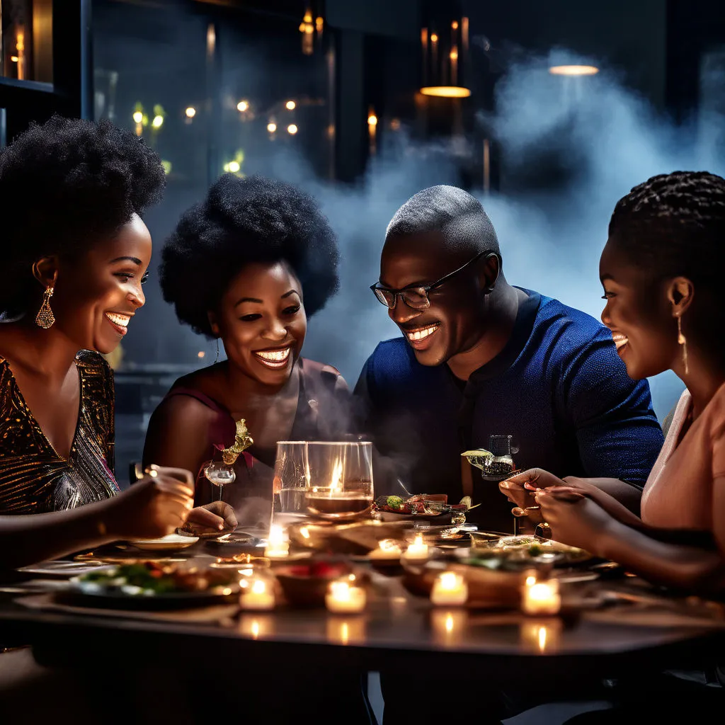 a family sitting around a dining table with candles