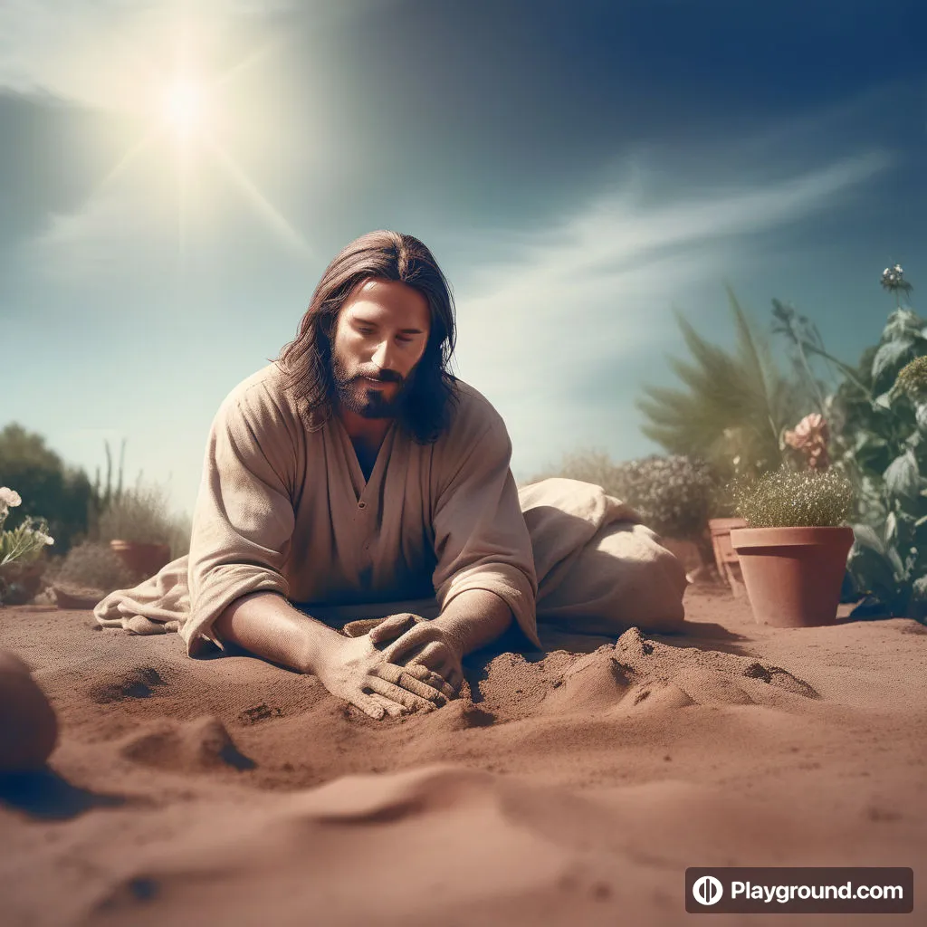 a man with long hair sitting in the sand