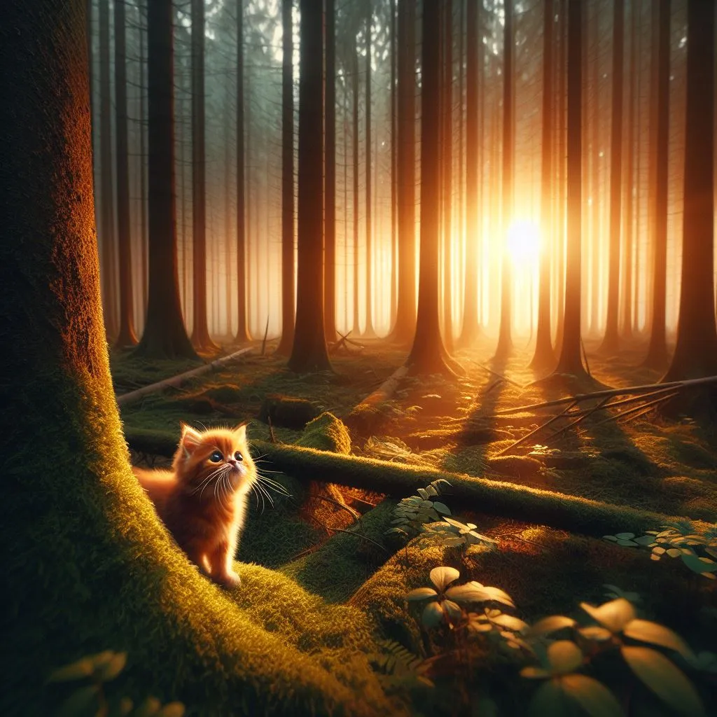 a cat sitting in the middle of a forest