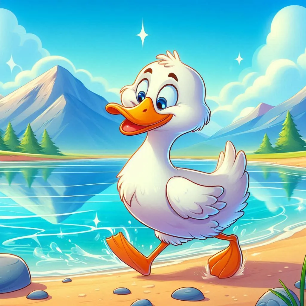 a cartoon duck running on the beach by the water