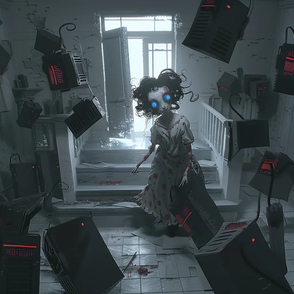 a creepy doll standing in a room filled with electronics