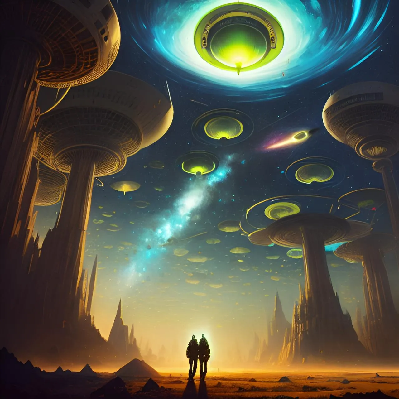 a man and a woman standing in front of an alien landscape