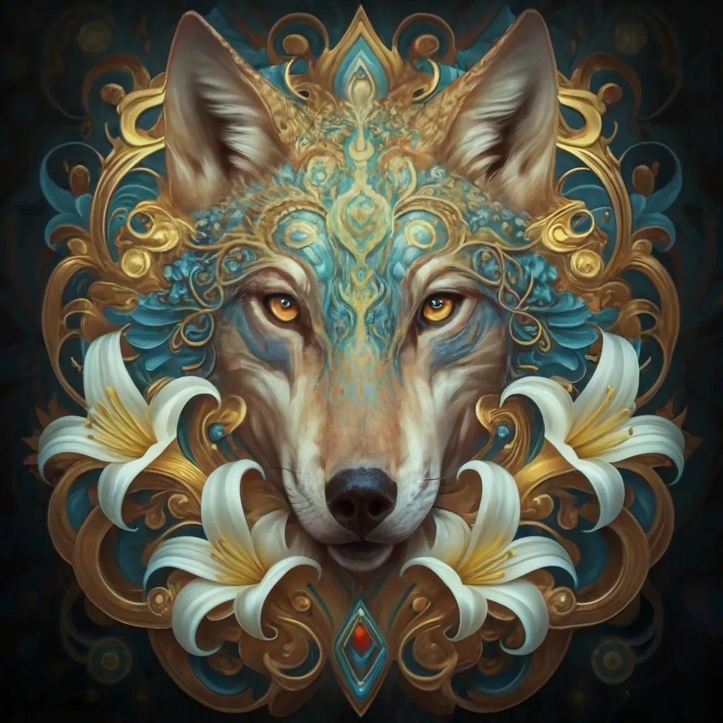 a painting of a wolf's head with ornate details