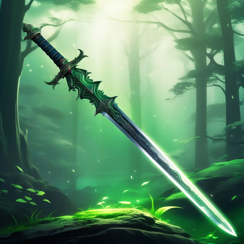 a fantasy sword in the middle of a forest