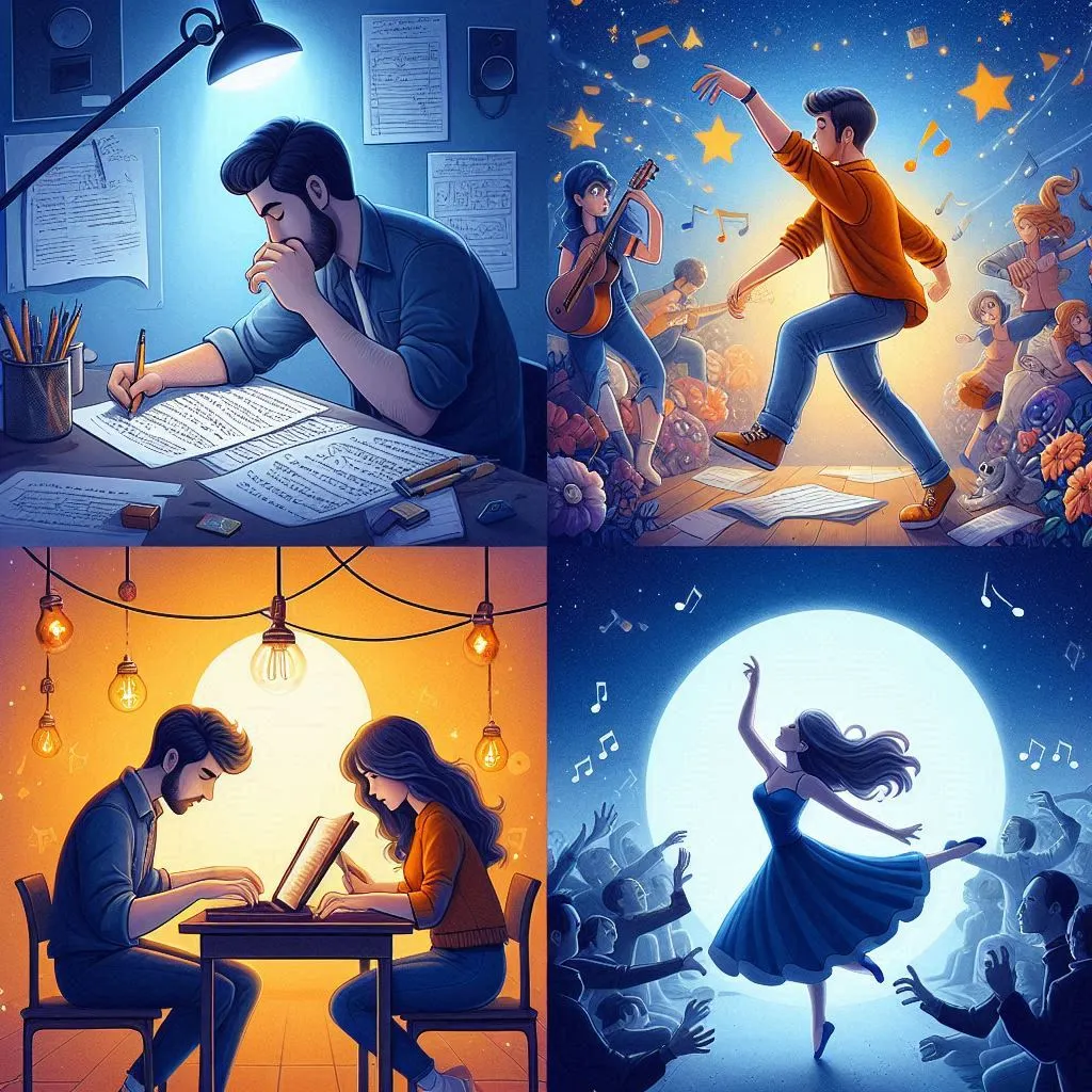 image of scenes showing the creative process of the protagonists, with him writing lyrics while she dances to the song.