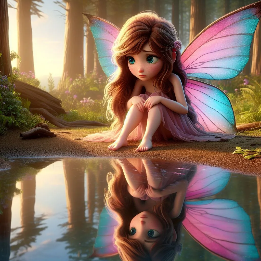 a fairy sitting on the ground next to a pond, her wings slightly flapping