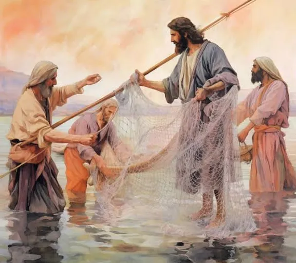 a painting of a group of people in the water